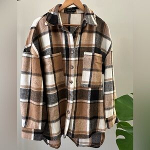 SHEIN Boyfriend Fit Plaid Shacket Shirt Jacket in Black, Brown, and Cream
